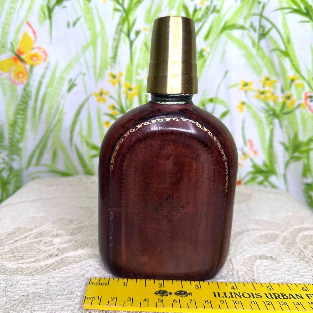 Vintage Florentine Leather Hip Flask Gold Decorated Italy Genuine Leather Brown
